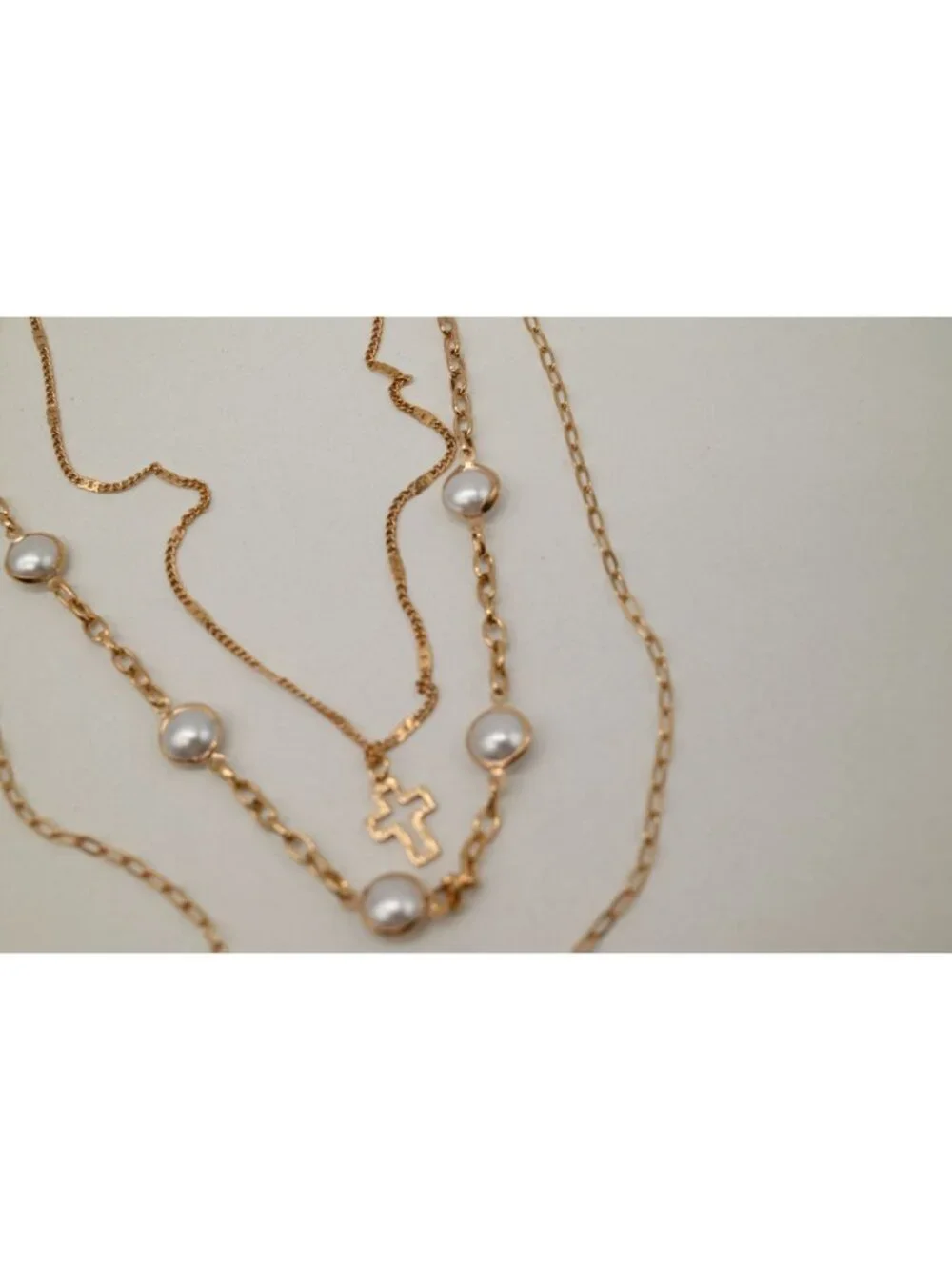 NWT Josslyn Multi Pearl Layer Pearl Sun Cross Charm Necklace Gold Tone Stack